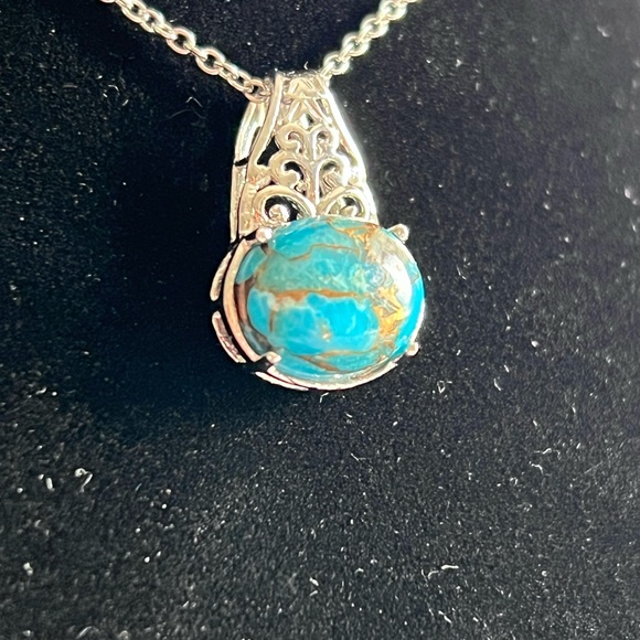 316L SS Vintage Style Scroll Half Hoop Turquoise & Pyrite Earring Pendant Lot - Picture 4 of 7